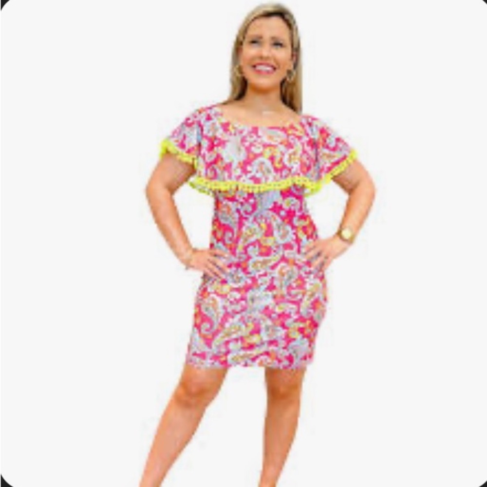 Patti Biggs UPF 50 Pink Palm Printed Zoey Pom Pom‎ Dress Preppy Resort